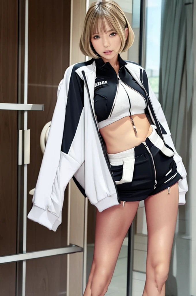 Over size Zip-up track suits、close zip、Shorts、Blonde、Bobcut、beautiful girl、Perfect figure、おっぱい