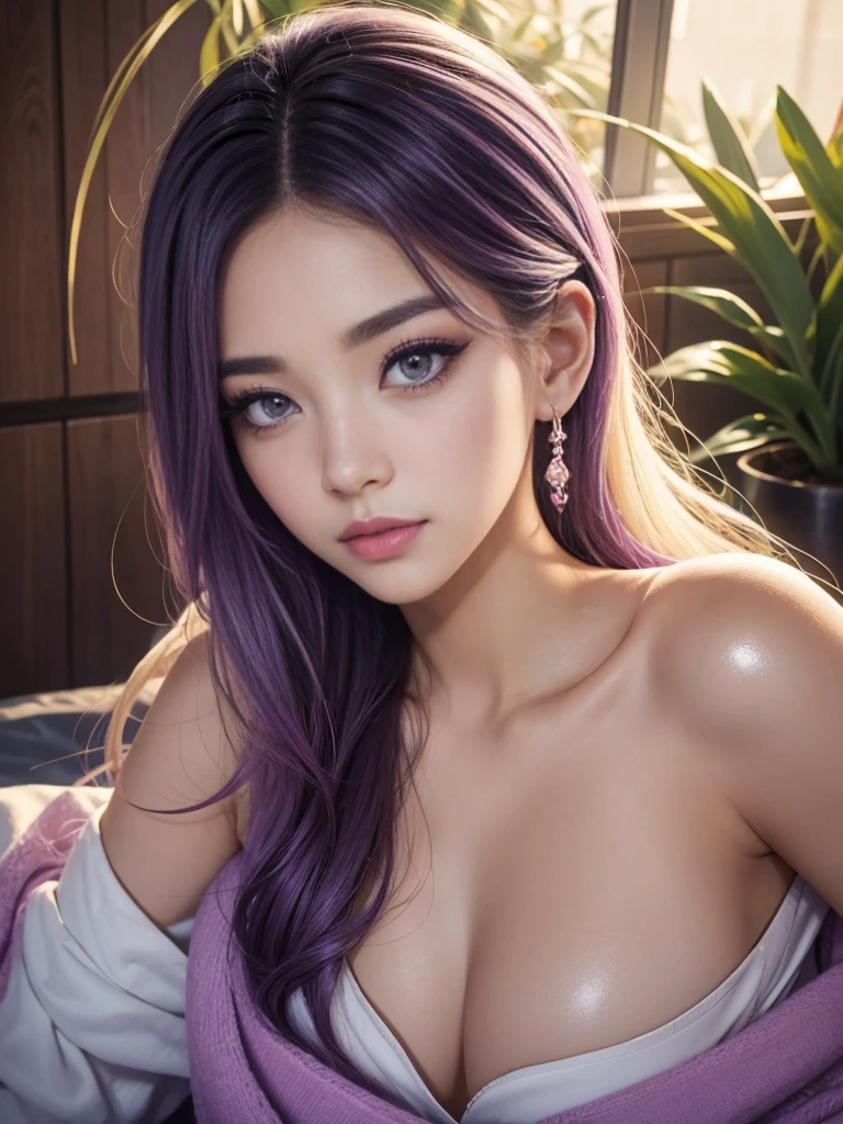 (Highest quality: 0.8), (Highest quality: 0.8), Perfect photo, Close up portrait of beautiful woman walking in city。Very long purple hair、Large Breasts、赤面したRed eyes。 (((Browsing Caution))) Transparent white dress、Neon night city、Ultra-detailed、Ultra-detailed顔、Bright Eyes、Galaxy in the eye、Absurdな4kフルHD、pixiv Top、Very well done、Red eyes、Download file、Huge areola、erection (Love Juice 1;4) Absurd