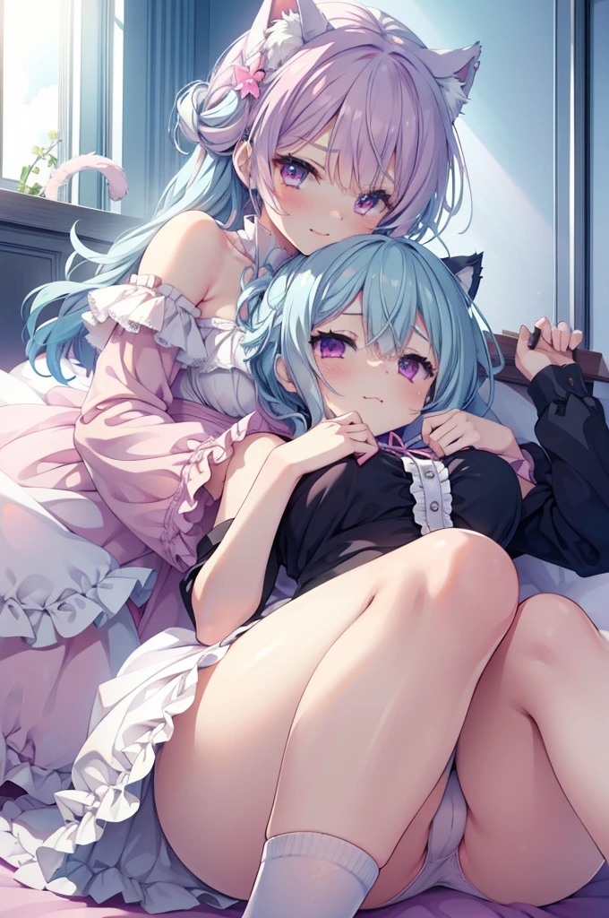 Browsing Caution,Two Girls,Lying down,((Raise both legs)),panties,Have sex,Light blue hair,Light pink hairstyles,Cat ear,Pink Eyes,light blue ta,White socks,,Pink ribbon,Laughing with your mouth open,Best image quality,Highest quality