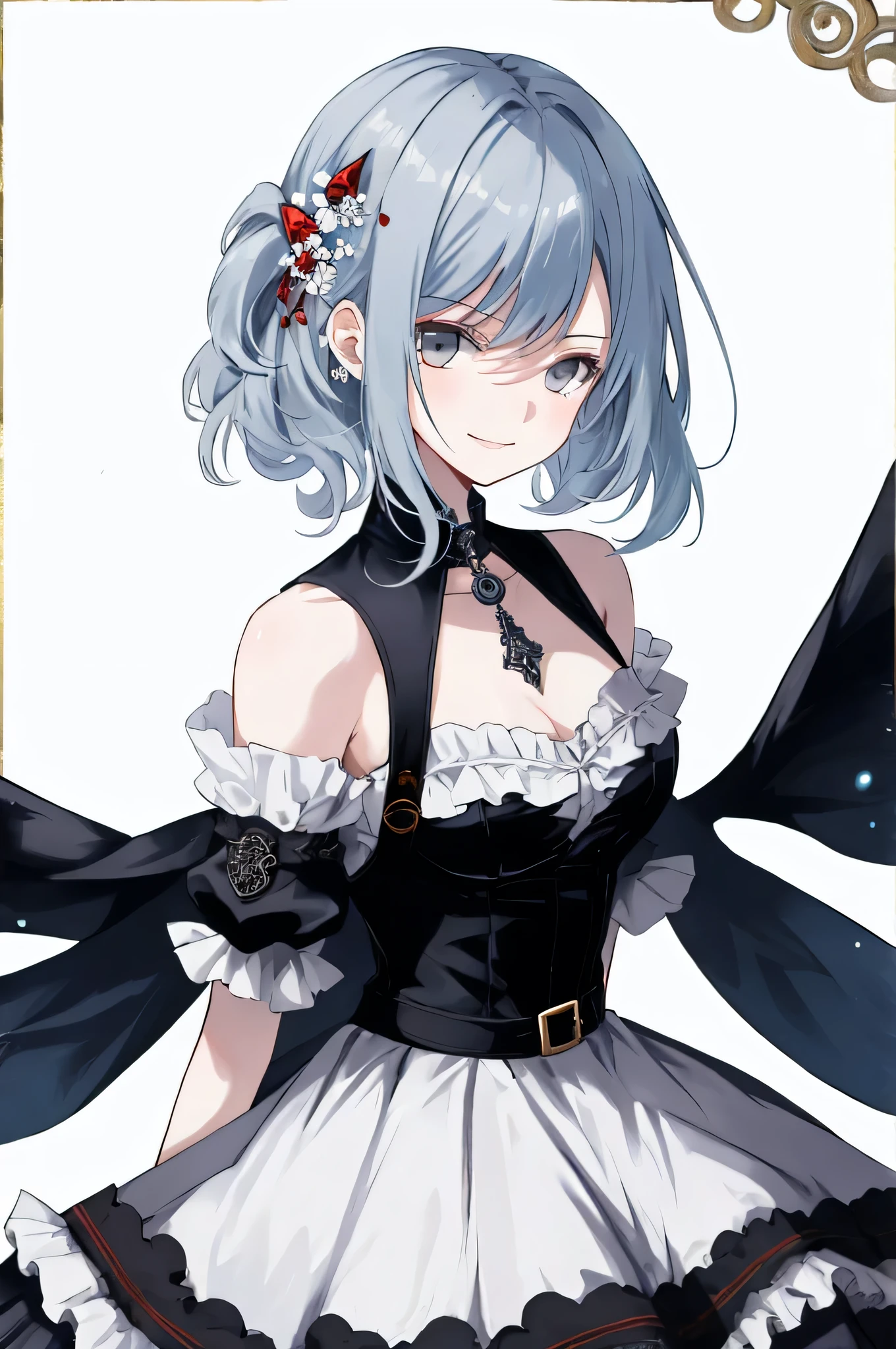  ((best quality)), ((masterpiece)), (detailed), 1girl, Character design, female, dynamic poses, long blue hair, grey white eyes, very skinny, detailed, best quality, no accesoires around the neck, prominent collarbones, skinny arms, upper body, blank white background, plain background, white background, ((red and white clothing)), Bloodborne inspired, occult aesthetic, occult, detailed and intricate steampunk and detailed gothic, Very dramatic and cinematic lighting, cosmic horror, grim-dark, side-lighting, perfect face,  Fluttering lace flared long knee length dress with frilly petticoats, knee length dress, pleated petticoats, petticoats gothic, complex lace boots, side-lighting, gothic aesthetic, wielding a mighty sword with mechanical components, mandalas, small breasts, a fairy, various different types of insect wings,upper body, upper body, white holy clothes,white holy clothes,((evil smile)),blue hair,