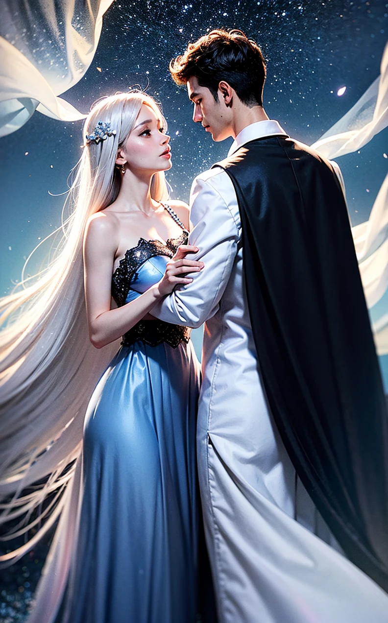 Create a mystical, ethereal book cover, "Tranca Ruas das Almas e sua Chama Gêmea," predominantly sky blue, soft yet vibrant sky blue background, starry sky, Milky Way, ethereal effect, translucent couple in the center, man in simple white or pastel tunic, woman in long flowing dress, white or light blue, looking at each other, touching lightly, serene loving expressions, mysterious figure in background, next to couple, cloak black on the outside, blue on the inside, face partially shadowed, two delicate flowers in the foreground, near couple, lilac, white, light pink, soft lights, shimmering mists, discreet arcane symbols, scattered across sky, around couple, mystical essence of Maria, witch and mage, color filters to harmonize layers, light and shadow effects, integrate elements, sense of depth, composition conveys mystery, romance, magic, story of reincarnation, connection of twin flames.