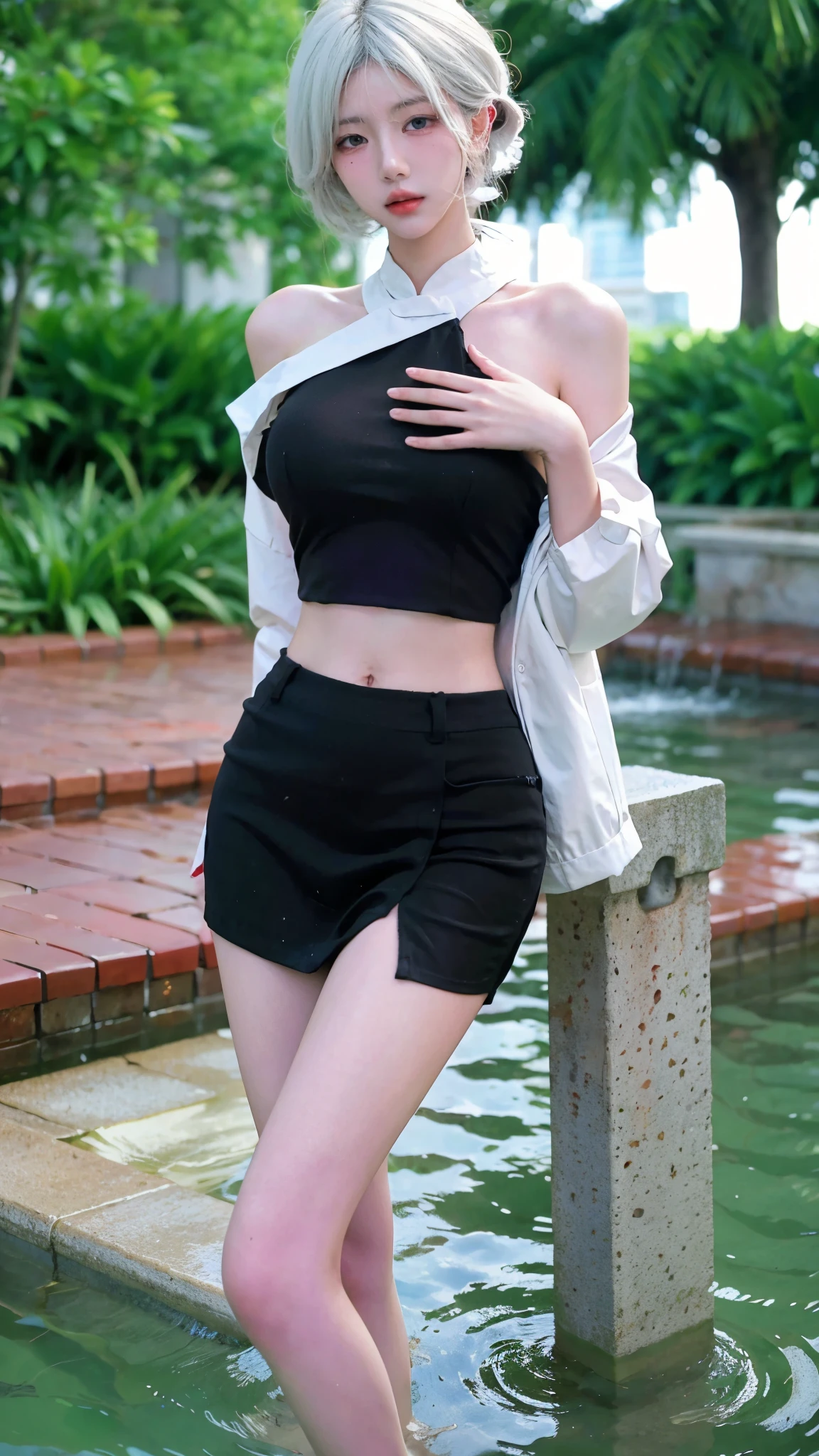 Beautiful woman with perfect figure:1.4，Ultra-high resolution，Wearing black，White legs，Put your hands behind your back，Swimming background，Big breasts：1.6，（Realism:1.4)，perspective，Layered hairstyle，Snow white skin，JK:1.5，Super short pleated skirt，whole body：1.4，Very delicate and skin texture，Double eyelids，Skin Whitening，Long hair，White hair
