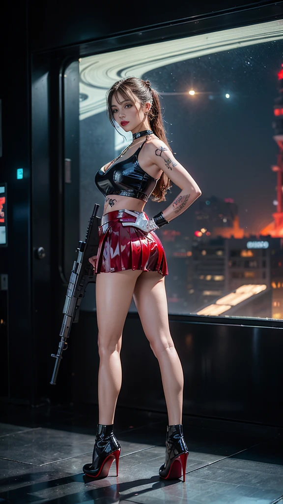 ((masterpiece:1.4)、(Highest quality:1.4)、(Realistic:1.7))、masterpiece:1.4、SWAT0、(Best Rendering:1.4)、(Female SWAT Officer of the Space Federation 73rd Division:1.4)、so beautiful捜査官、(Written by Luis Royo:1.4)、(Ready your gun?:1.2)、Body Fit Sexy Uniform、(Luxurious glossy latex:1.4)、(Navy blue sleeveless uniform jacket)、(Underwear White Sexy Super Ultra Bikini)、(Luxury Red Latex:1.4)、(red pleated mini skirt:1.4)、22 years old、(Cute Tattoos:1.4)、(wearing white gloves)、pretty girl、so beautiful、Sharp focus、Portrait Photography、(Perfect female body:1.4)、Perfect proportions、(Upper body photo shoot:1.4)、Beautiful Face、Fearless look、Beautiful Eyes、Tight waist、(A beautiful girl with long legs and a good figure:1.4)、Beautiful legs、(Long Hair:1.2)、Beautiful breasts、Big Breasts:1.2、Sexy ass、(Stand facing forward:1.4)、RAW Photos、Red lips、Red High Heels:1.4、choker:1.4、necklace:1.4、Earrings:1.4、1 Screen Display、Beautiful night view of cyberpunk city:1.2