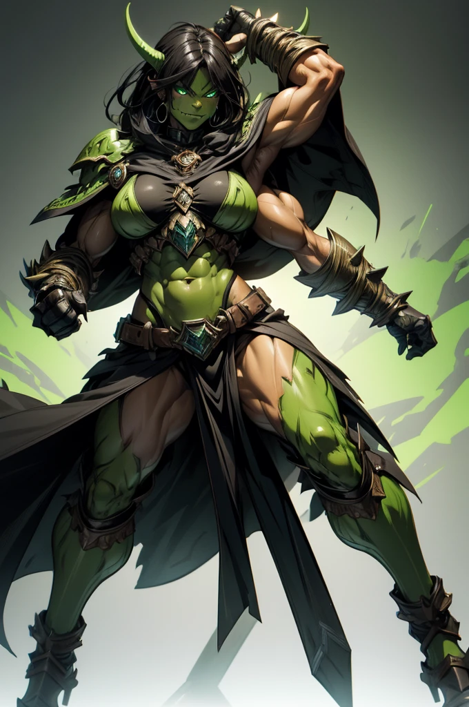 Female Orc Barbarian, toned muscles is defined, full Body Art, Topaz Eyes, Black Hair, Green Skin, Simple accessories, bear cape, full leather armor .