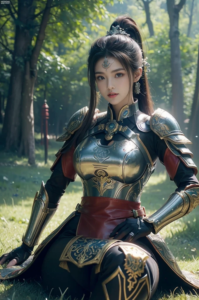 masterpiece，best quality，high resolution，8K，，((Head close-up))，original photo，real picture，Forest environment（（Field background）），Digital Photography，(Female generals on the battlefield of the Han Dynasty)，18 year old girl，（Long ponytail hairstyle)，Open lips，Noble and charming，Elegant and serious，(Han dynasty armor，Combination of white metal and red leather，hollow-carved design，armor，骑士armor，Metallic luster，Leather buckle，Beautiful Pattern，Mystical Emblem，Cool and beautiful breasts))，Chest groove，Three Kingdoms character painting style，Photo poses，oc render reflection texture，Bright colors，