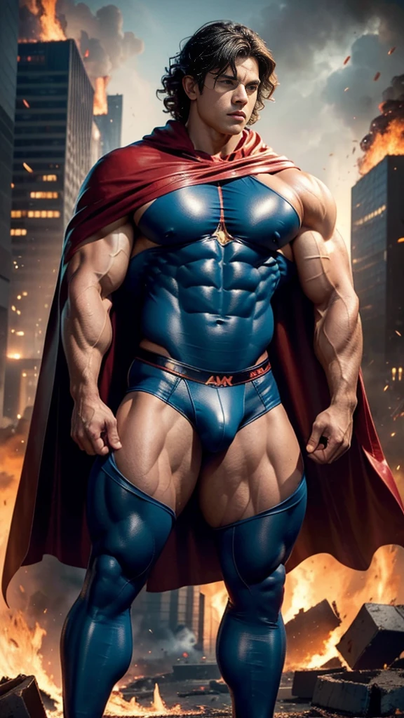 (muscular cute beautiful young boy), huge strong biceps volume, huge firm breasts volume, enormous tits volume, strong tonned exposed abs, muscular strong legs, bodybuilder muscles bursting in strength, exposed abs skin, city destruction fire background, tight superhero leather blue underwear and cape, wavy hair