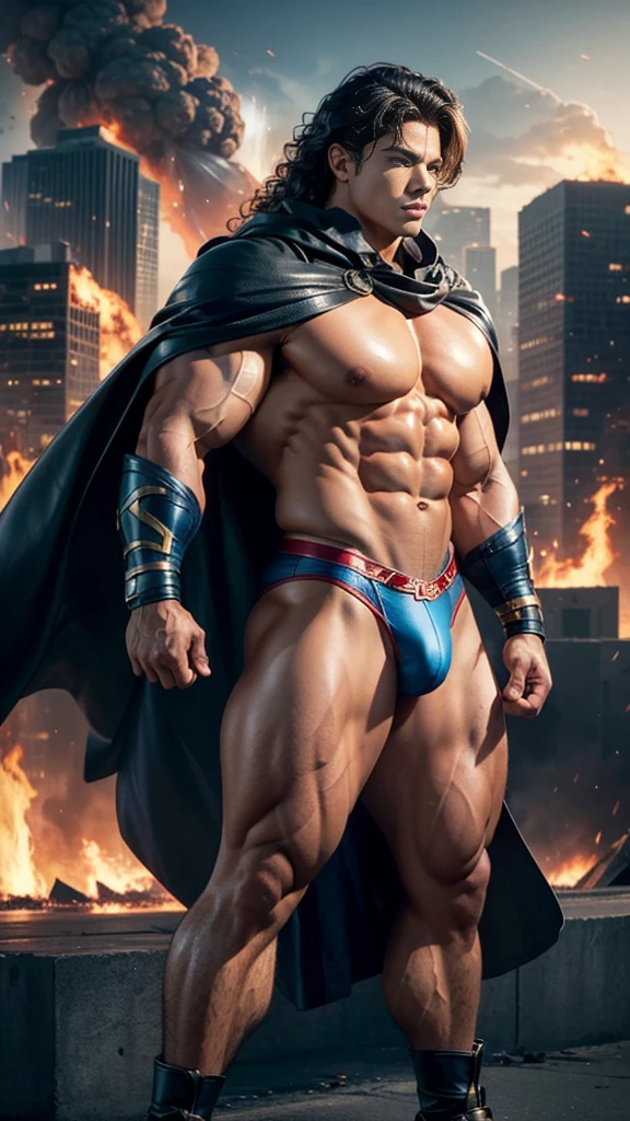 (muscular cute beautiful young boy), huge strong biceps volume, huge firm breasts volume, enormous tits volume, strong tonned exposed abs, muscular strong legs, bodybuilder muscles bursting in strength, exposed abs skin, city destruction fire background, tight superhero leather blue underwear and cape, wavy hair