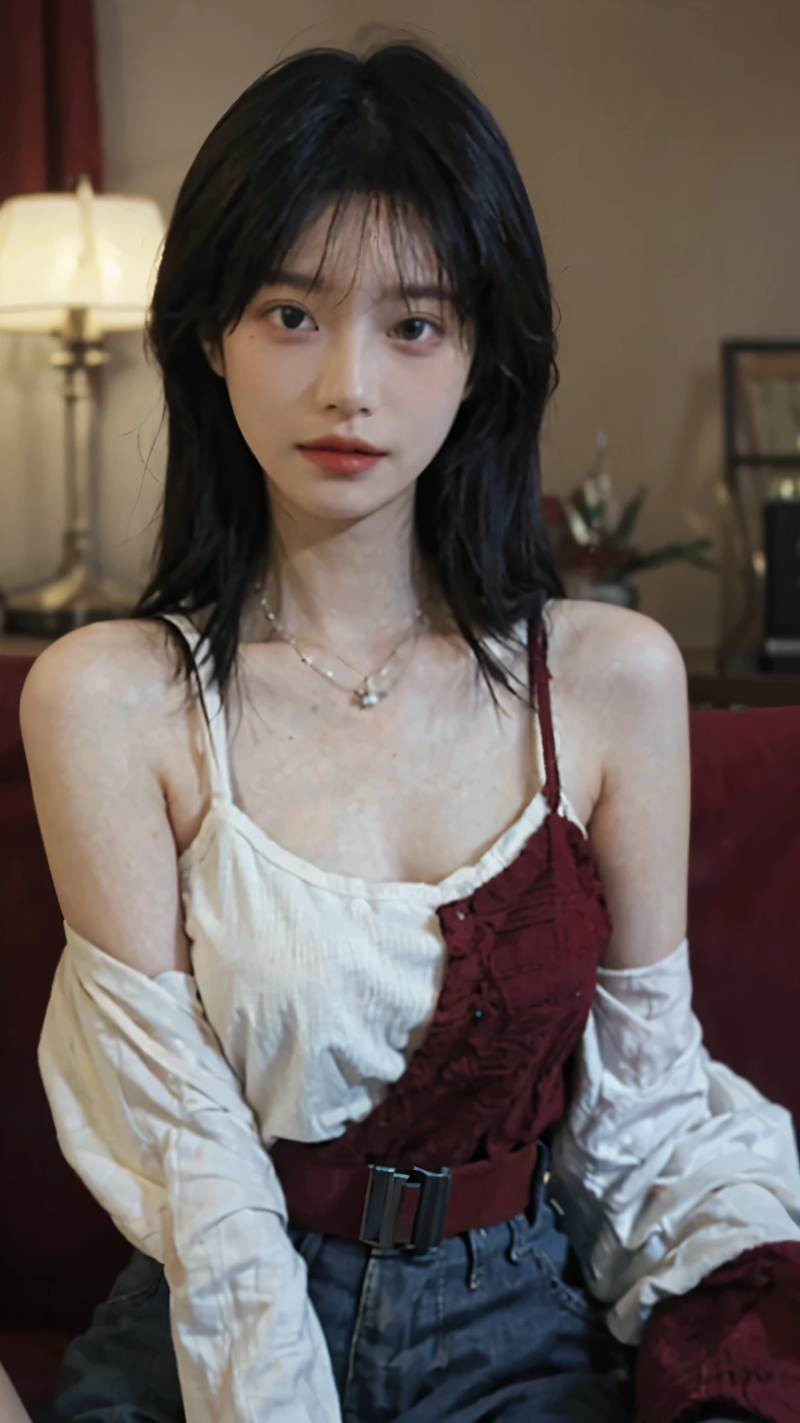 Film portrait photography, 2 girls, Bare shoulders,Lipstick,(flat chest:1.4), Wear a necklace,Cute expression,Exquisite makeup,Red suspenders,serene, calm, (Realistic and detailed eyes, Natural skin texture, Realistic facial details), Big breasts:1.6,Big Breasts,Soft dramatic lighting, Depth of Field, Bokeh, Vibrant details, Detailed and detailed, Surreal, 35mm film, hazy, ,
