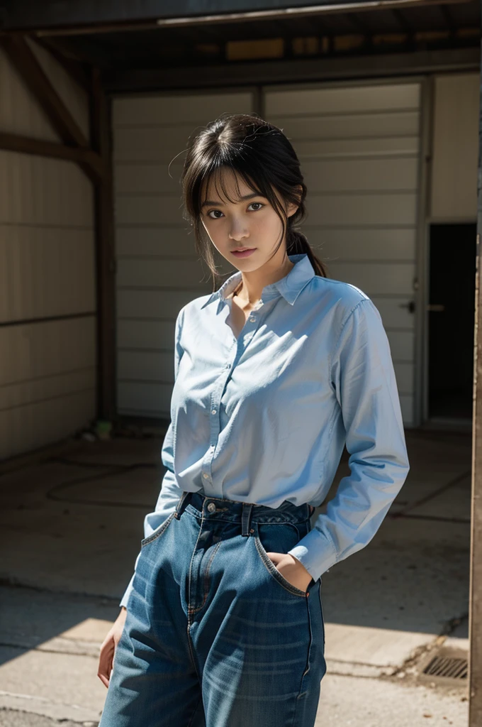 arafed femme dans une chemise et un jean debout dans un garage, Par Yoshihiko Wada, fille anime séduisante, par Kentaro Miura, style de Hajime Isayama, Krenz Cushart et Artgerme, (SFW) sécuritaire pour le travail, belle femme anime séduisante, par Krenz Cushart, Mœbius + artgerme