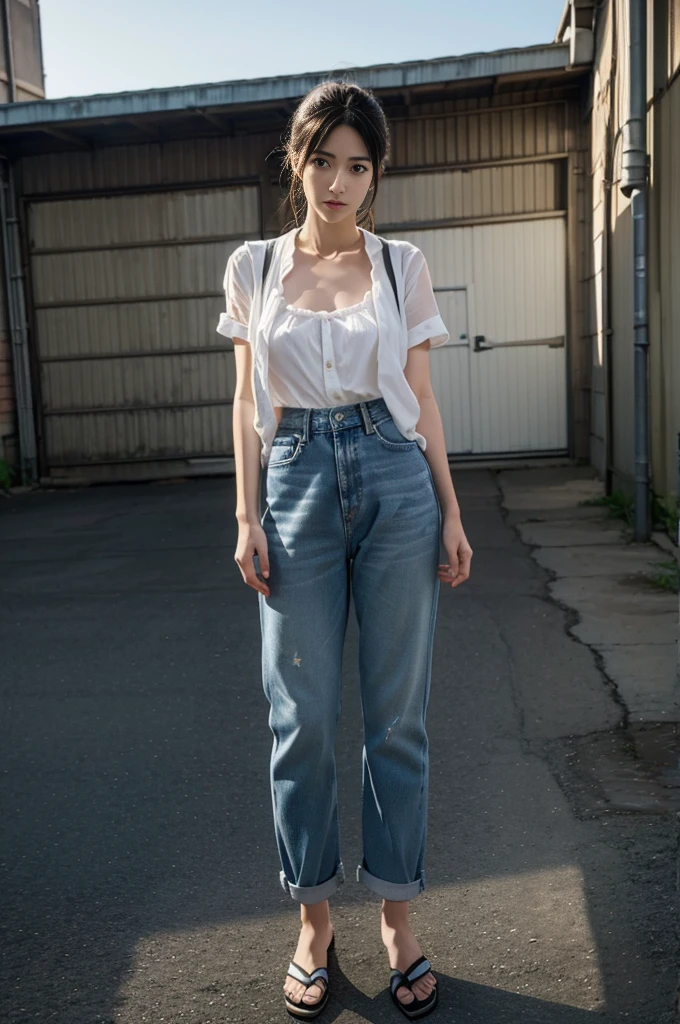 arafed femme dans une chemise et un jean debout dans un garage, Par Yoshihiko Wada, fille anime séduisante, par Kentaro Miura, style de Hajime Isayama, Krenz Cushart et Artgerme, (SFW) sécuritaire pour le travail, belle femme anime séduisante, par Krenz Cushart, Mœbius + artgerme