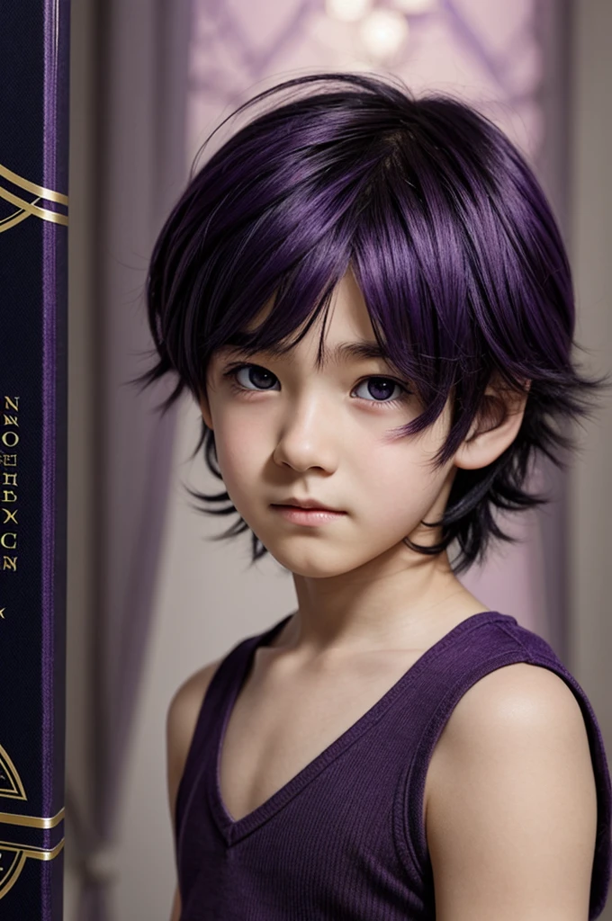 An anime book cover with a fragile boy with dark eyes and dark purple hair
