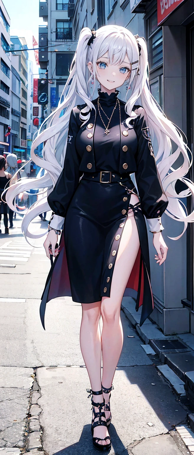 High resolution, high resolution,2D Anime Style,,Cool woman,Gal,tall,20th Generation,White hair long hair,Curly hair twin tails,Light blue eyes,Gal,Beautiful watch,Beautiful earrings,Lots of beautiful necklaces,Punk Fashion,He is smiling,Has fangs,whole body,Walking around the city,