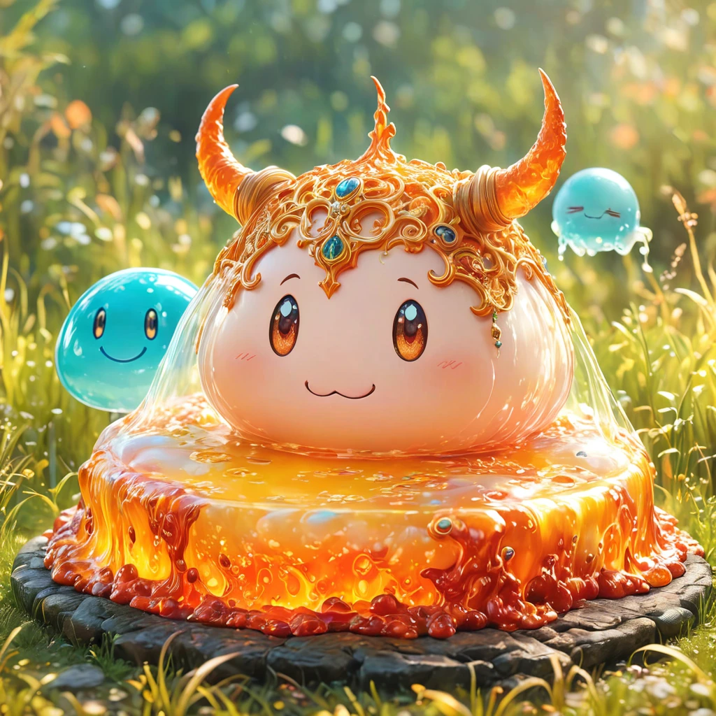 best quality, very good, 1.60,000, ridiculous, Extremely detailed, Cute slime devil，Has horns made of translucent boiling lava, Background grassland ((A masterpiece full of fantasy elements))), ((Best quality)), ((Intricate details)) (8K), ((best quality)), ((Intricate details)) (8K)