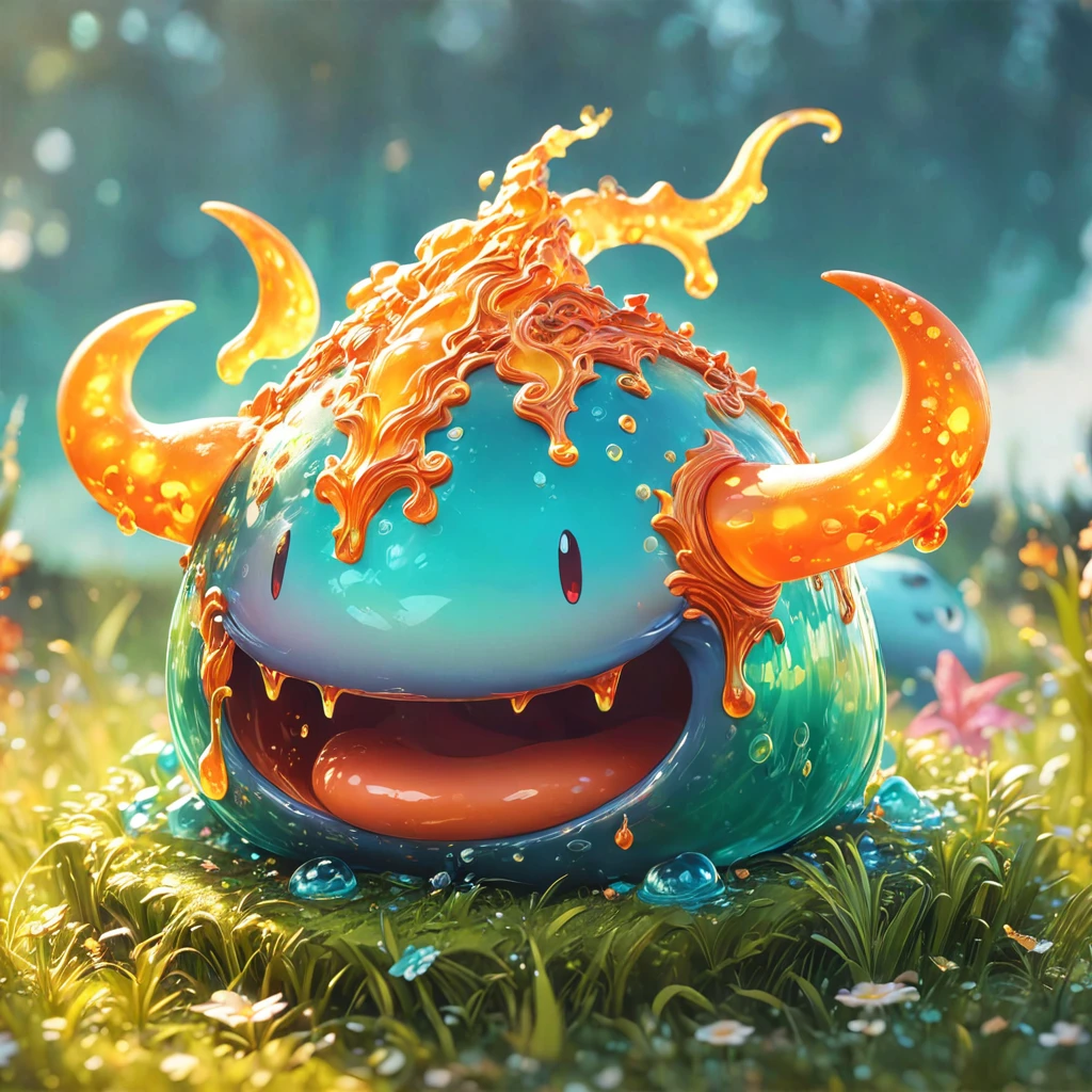 best quality, very good, 1.60,000, ridiculous, Extremely detailed, Cute slime devil，Has horns made of translucent boiling lava, Background grassland ((A masterpiece full of fantasy elements))), ((Best quality)), ((Intricate details)) (8K), ((best quality)), ((Intricate details)) (8K)