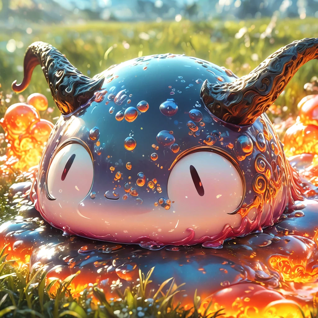 best quality, very good, 1.60,000, ridiculous, Extremely detailed, Cute slime devil，Has horns made of translucent boiling lava, Background grassland ((A masterpiece full of fantasy elements))), ((Best quality)), ((Intricate details)) (8K), ((best quality)), ((Intricate details)) (8K)