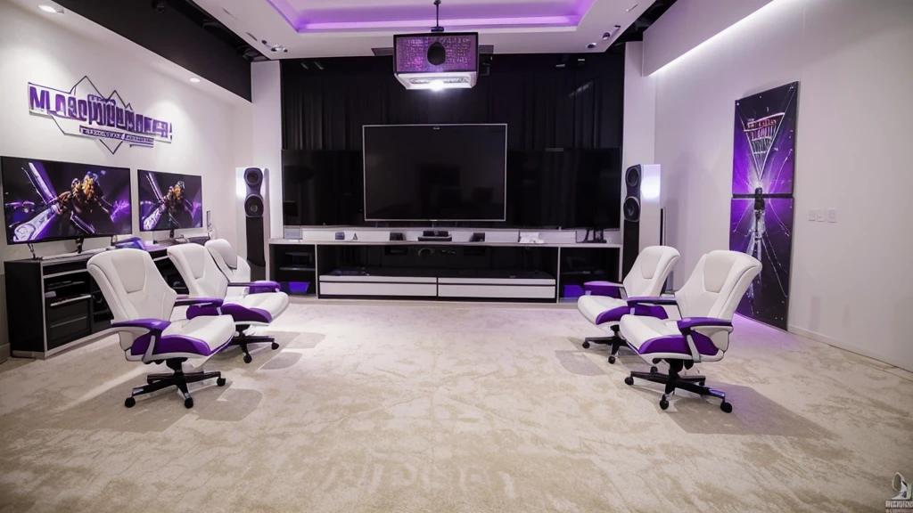((Best Quality)), ((Masterpiece)), (detailed), white and purple gamer themed interview room with chairs and table and microphones