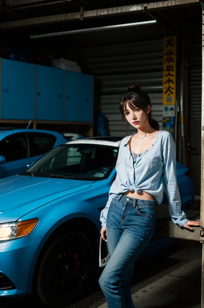 arafed femme dans une chemise et un jean debout dans un garage, art cyberpunk par Yoshihiko Wada, tendance sur pixiv, qu&#39;est-ce que c&#39;est?, fille anime séduisante, style de Hajime Isayama, Krenz Cushart et Artgerme, (SFW) sécuritaire pour le travail, belle femme anime séduisante, Mœbius + artgerme