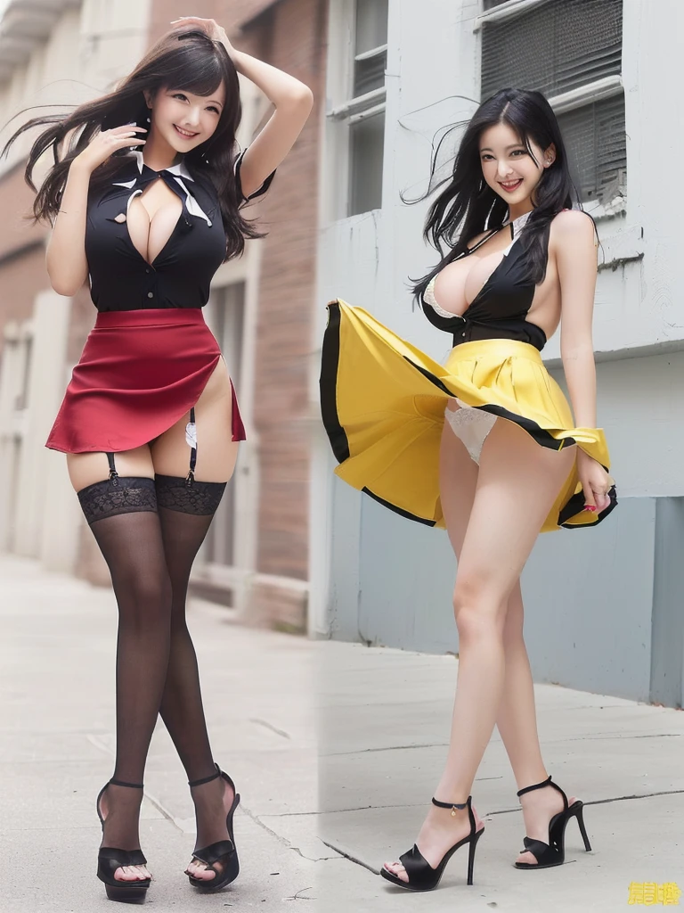 ((3paper gal, gigantic breasts, huge breasts, deep cleavage, white panties, yellow skirt blowing in the wind, red skirt blowing in the wind, thick thighs, sandals, Sex, bitch))((3black hair Gal、gigantic breast、Big Breasts、Cleavage、White panties、A yellow skirt fluttering in the wind、red skirt, Thighs、Sandals、Sex、Bitch、Black Hair、Butt、Thighs、Stiletto heels、Female college student、Strong winds、Naughty smile、おっぱいをくっつける))