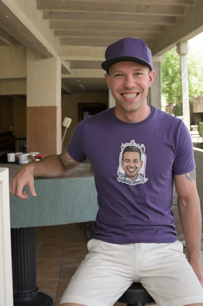 street photography photo of a man with purple hat, smile, happy, cute t-shirt, tattoos on his arms, sitting in a 50s diner Todder9