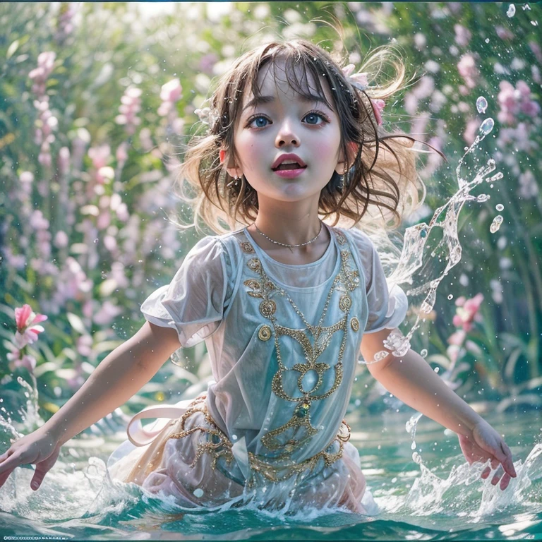 (8K TopQuality masterpiece: 1.2)(Realistic ProfessionalPhoto:1.37), VolumetricLighting. Tiny Girls, girl jumping into the water、Falling、splash water、shout、Luminous water surface、White and Bright colors, back lighting, Radiant PearlSkin, sparkling highlights, Detailed KAWAII face with cute lips, long eyelashes, Delicate clothes, Detailed open crotch