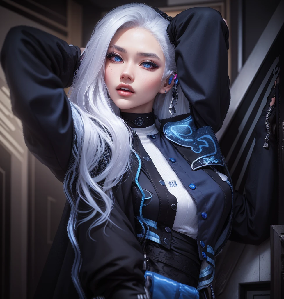 AVATAR SECOND LIFE Korean girl wearing blue hoodie, Asian, long white hair, White hair,, Perfect and detailed face, imvu, maximalist details, AVATAR SECOND LIFE Korean blusa , neon,