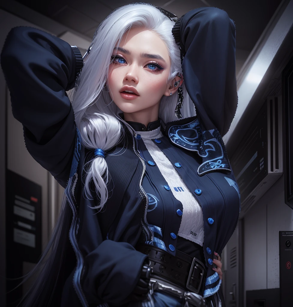 AVATAR SECOND LIFE Korean girl wearing blue hoodie, Asian, long white hair, White hair,, Perfect and detailed face, imvu, maximalist details, AVATAR SECOND LIFE Korean blusa , neon,