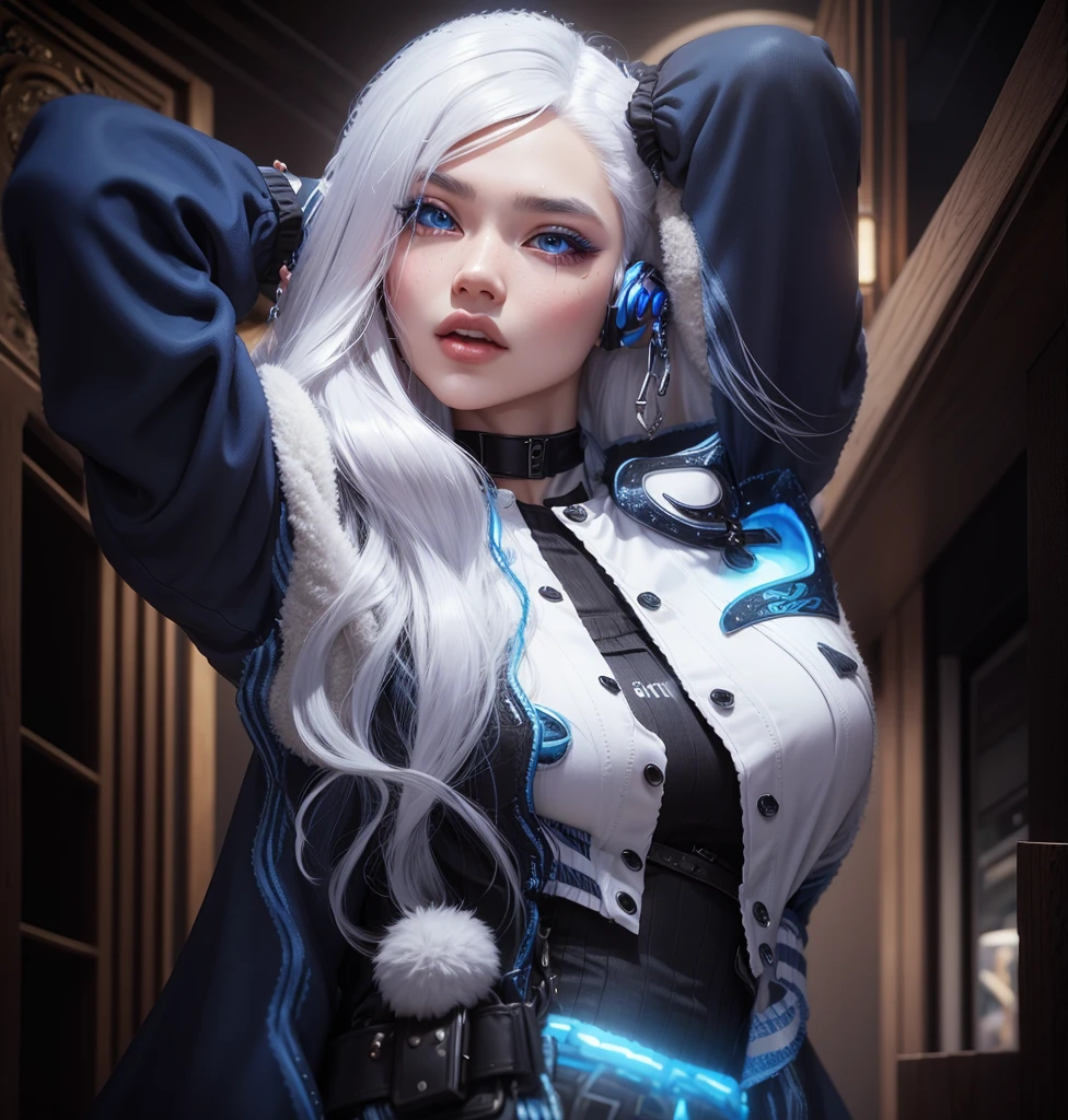 AVATAR SECOND LIFE Korean girl wearing blue hoodie, Asian, long white hair, White hair,, Perfect and detailed face, imvu, maximalist details, AVATAR SECOND LIFE Korean blusa , neon,