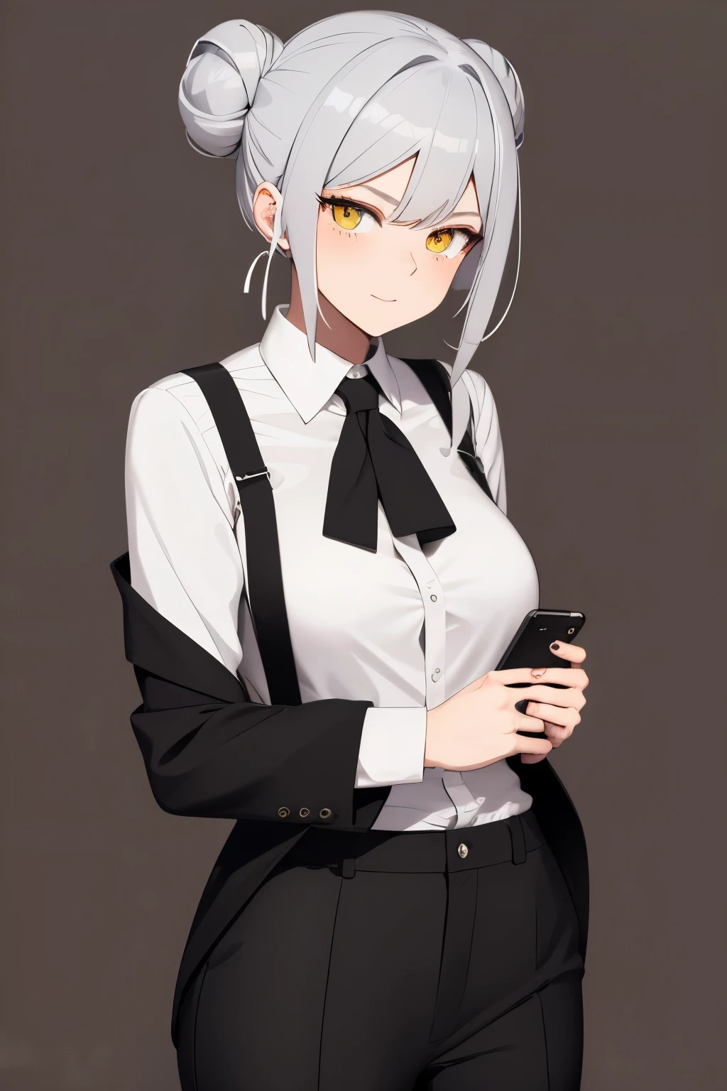 18 years old woman, She has silver hair and is styled in a pigtail style tied into two messy buns., with several wild strands sticking out at all angles from their centers and where they are attached, a straight fringe and two chin-length side bangs to frame her face , yellow color eyes, Solid Button Front Shirt & Black tie that does not cover the stomach and the shirt sleeves reach the elbow , black long pants, She has a cell phone in her hand.