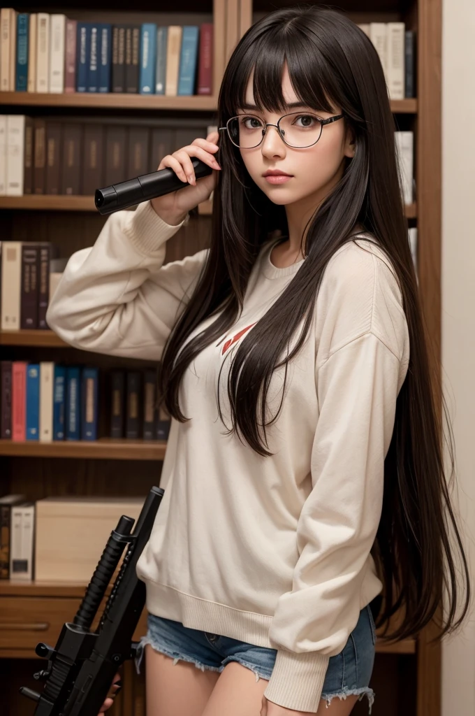 Young woman with long hair and bangs, wearing prescription glasses and holding a gun in front of a bookshelf