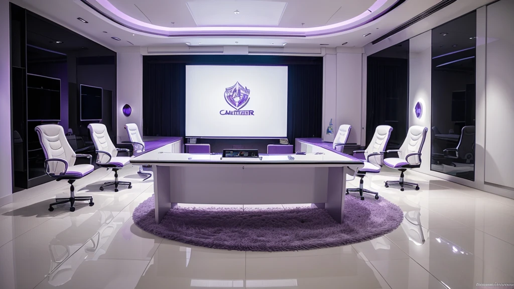 ((Best Quality)), ((Masterpiece)), (detailed), white and purple gamer themed interview room with chairs and table and microphones