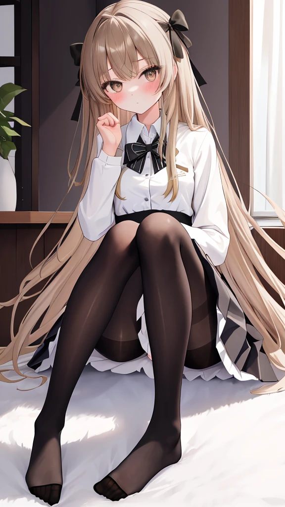 Highest quality, masterpiece, High resolution, (Head to Toe full body), front, frontやや下からの構図, Symmetric, Tall 18 year old girl, alone, (Head to Toe), (Small breasts), disheveled brown hair, bangs, (black tights), (Black Pantyhose), (Sit with your legs apart), (Crouching pose), (Composition showing white panties), (She has her legs spread and her white panties are visible.), (Sit on the floor with your legs spread), (M-shaped foot), Thin legs, とても美しくTall 18 year old girl, (No shoes), blush, Shy big eyes, Looking into the camera, Blazer uniform, Checkered Pleated Skirt