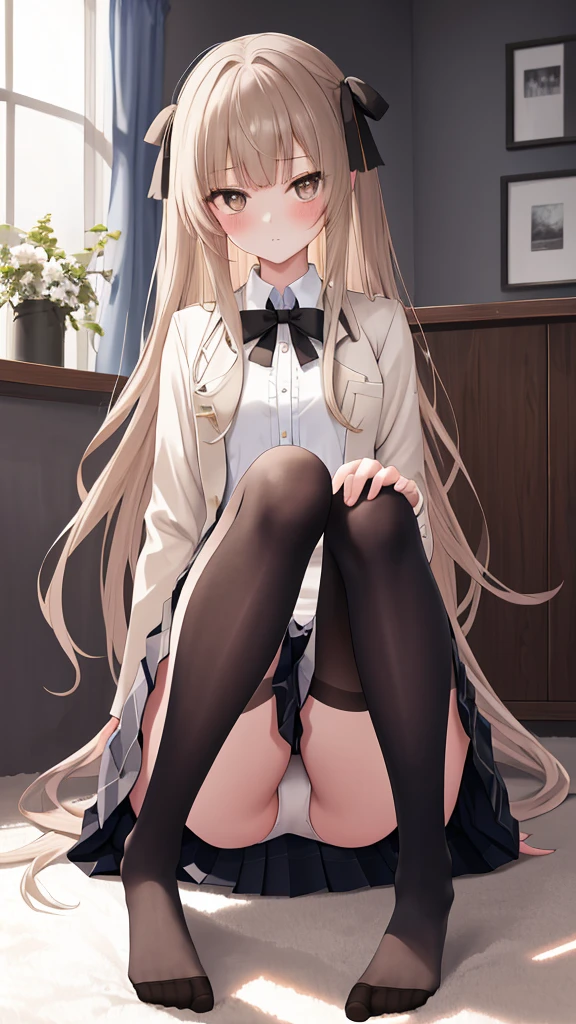 Highest quality, masterpiece, High resolution, (Head to Toe full body), front, frontやや下からの構図, Symmetric, Tall 18 year old girl, alone, (Head to Toe), (Small breasts), disheveled brown hair, bangs, (black tights), (Black Pantyhose), (Sit with your legs apart), (Crouching pose), (Composition showing white panties), (She has her legs spread and her white panties are visible.), (Sit on the floor with your legs spread), (M-shaped foot), Thin legs, とても美しくTall 18 year old girl, (No shoes), blush, Shy big eyes, Looking into the camera, Blazer uniform, Checkered Pleated Skirt