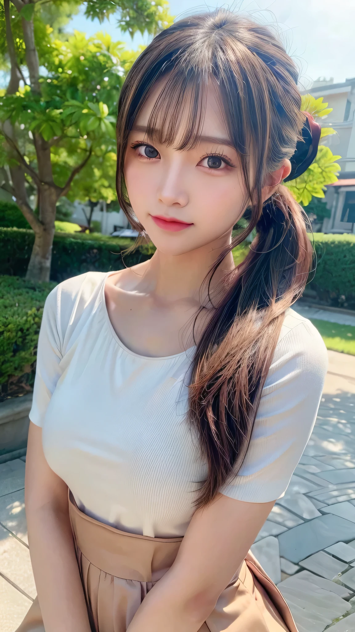 One piece with collar,outdoors,Urban Park,On the lawn,Ultra-detailed, finely detail, hight resolution, 8K Wallpaper, Perfect dynamic composition, Beautiful detailed eyes,Outdoor,Close-up of face,Outdoor,Blushing,Facing forward,,Long hair ponytail,((8k, Raw photo, Best Quality, Mastepiece:1.2), (Realism, Photorealistic:1.4), (Highly detailed 8K wallpapers), Depth of written boundary, Cinematic Lighting, Soft Light, Detailed Beauty Eye,Shiny and smooth light brown ponytail, Asymmetrical bangs, Shiny skin, Ultra-detailed skins ,It is high resolution., High detail, Detailed hairstyle, Detailed facial beauty, Hyper-realistic, Perfect limbs, Perfect Anatomy ,1 Japanese girl,Famous Japanese Idols, Perfect female body,A shy smile,Short eyelashes,Double-edged eyelids,Look straight here,Hair style: ponytail,
