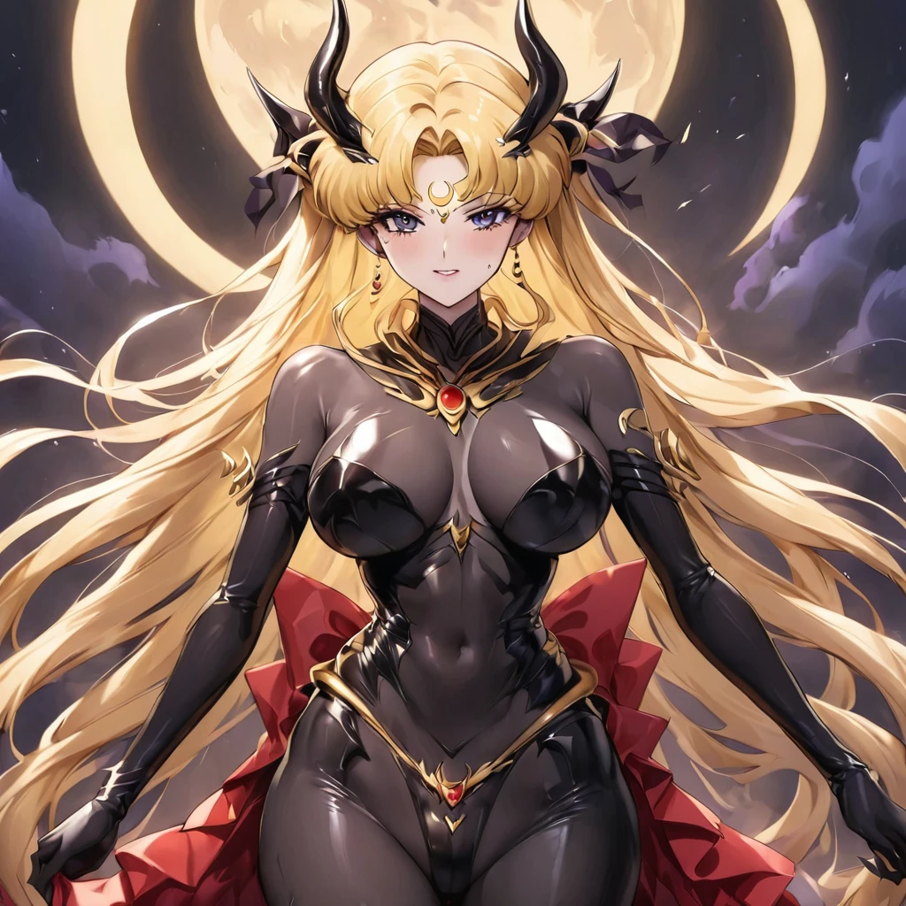 ((Highest quality)), ((masterpiece)), (detailed), (Perfect Face)、Devil family photo、male1people女3people、Husband, wife and daughter2people、The woman clung to her husband, the powerful demon king.2peopleの娘は悪魔の姿の母親似のデビルプリンセスで女と魔王の傍に居る、The woman is naked and is the bride of the Demon King, the Dark Queen of the Black Moon Clan, the Demon Queen, Devil Queen Serenity, and is wearing a shiny black full-body bodysuit decorated with gold, a sexy female demon with jet-black skin, Devil Queen Serenity.、The woman is a jet-black female demon with magnificent devil horns, jet-black devil wings, and a jet-black tail. Her skin is jet-black, and she has a black inverted crescent moon mark on her forehead. She is the jet-black demon Devil Queen Serenity, and has blonde hair.2The expression of a girl in love with her long hair tied up、Woman is Devil Queen Serenity