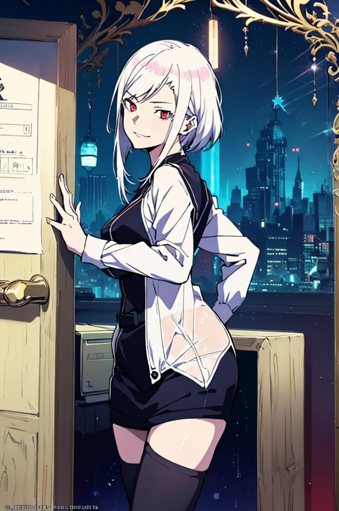 (masutepiece, Absurd quality, Best Quality, Official art, Beautiful and aesthetic:1.2), (1 little girl:1.4), ighly detailed, (Fractal Art:1.3), Colorful, highest details, Vivid Color, front view, holy knight, albino, baby-face, Dark light, Fluffy white ruffled dress, White lace up short boots, white long hair, Beautiful detailed red eyes, glare at viewer,Full body,((whole body)),((white hair)),evil smile,