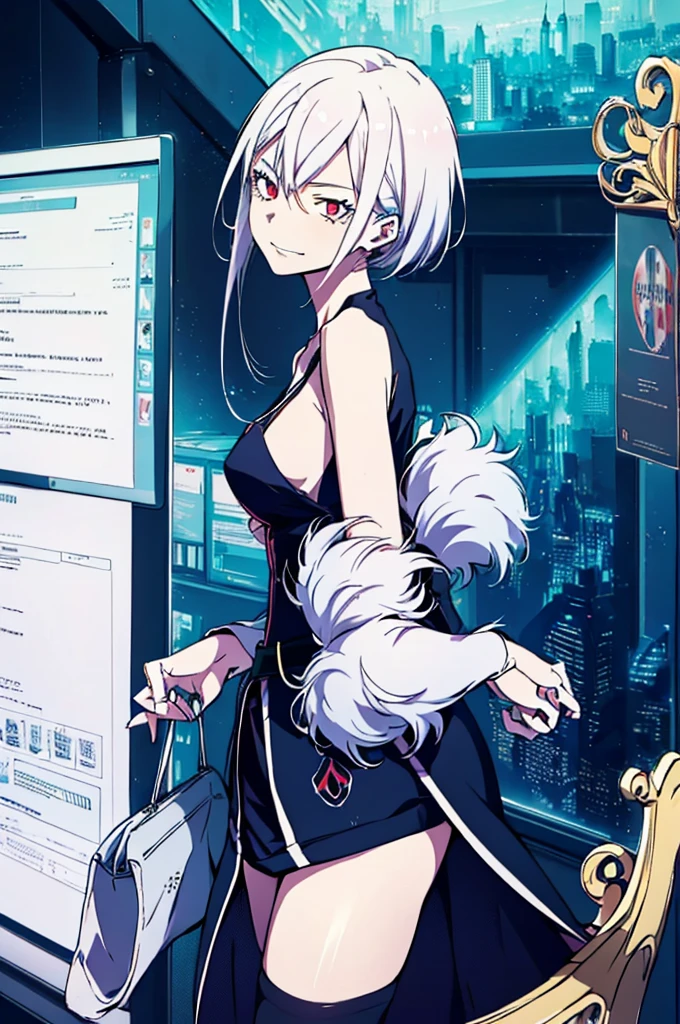 (masutepiece, Absurd quality, Best Quality, Official art, Beautiful and aesthetic:1.2), (1 little girl:1.4), ighly detailed, (Fractal Art:1.3), Colorful, highest details, Vivid Color, front view, holy knight, albino, baby-face, Dark light, Fluffy white ruffled dress, White lace up short boots, white long hair, Beautiful detailed red eyes, glare at viewer,Full body,((whole body)),((white hair)),evil smile,