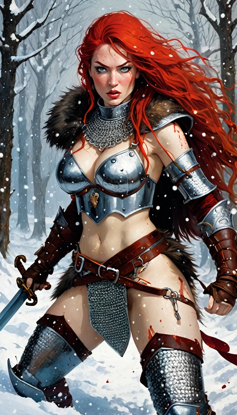 Red sonja warrior woman fighting a 1giant wolf in the snow, snowing, blood stains on the snow, woman with long wavy red hair in sexy chain mail armor, with sword, (art inspired by Bill Sienkiewicz). oil painting)(best quality,4k,8k,highres,masterpiece:1.2),ultra-detailed,(realistic,photorealistic,photo-realistic:1.37),intricate details,vivid colors,sharp focus,professional,Dave McKean artwork, oil touch of surrealism,oil painting style
