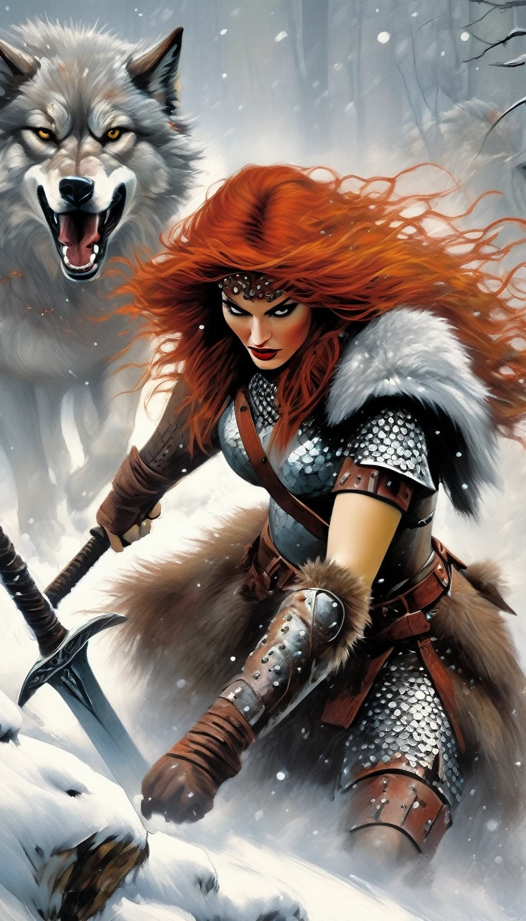 Red sonja warrior woman fighting a 1giant wolf in the snow, snowing, blood stains on the snow, woman with long wavy red hair in sexy chain mail armor, with sword, (art inspired by Bill Sienkiewicz). oil painting)(best quality,4k,8k,highres,masterpiece:1.2),ultra-detailed,(realistic,photorealistic,photo-realistic:1.37),intricate details,vivid colors,sharp focus,professional,Dave McKean artwork, oil touch of surrealism,oil painting style
