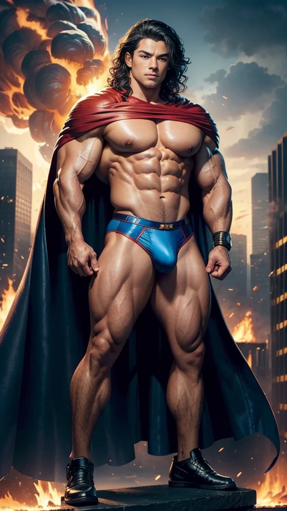 (muscular cute beautiful young boy), huge strong biceps volume, huge firm breasts volume, enormous tits volume, strong tonned exposed abs, muscular strong legs, bodybuilder muscles bursting in strength, exposed abs skin, city destruction fire background, tight superhero leather blue underwear and cape, wavy hair, huge cock bulge