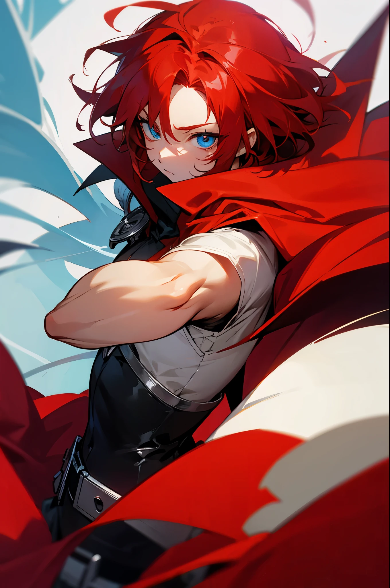 anime character with red hair and red cape, red hair, blue eye,