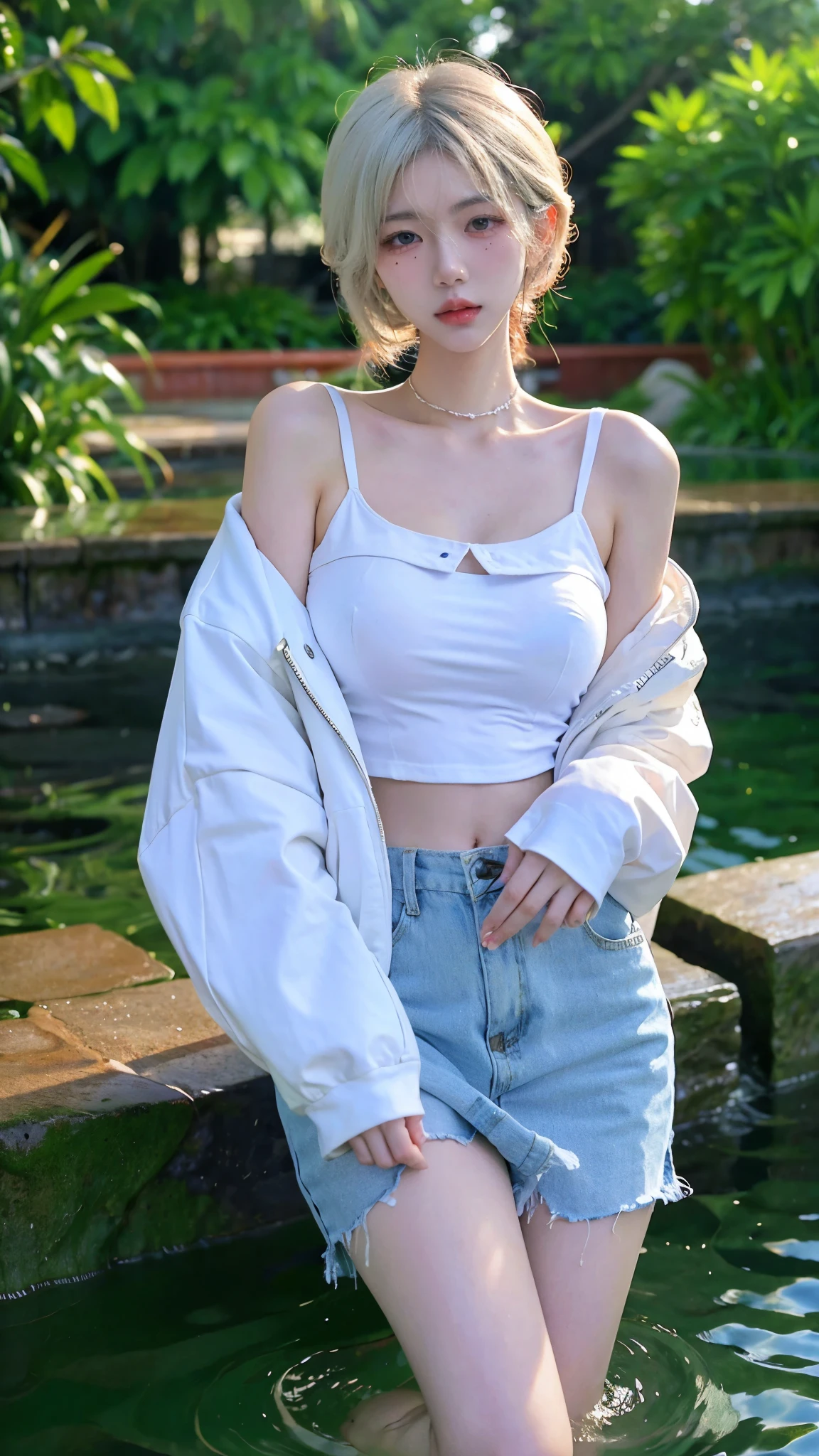 Beautiful woman with perfect figure:1.4,Ultra-high resolution,Wearing black,,White legs,Put your hands behind your back,Swimming background,Big breasts:1.6,(Realism:1.4),perspective,Layered hairstyle,Snow white skin,JK:1.5,Super short pleated skirt,whole body:1.4,Very delicate and skin texture,Double eyelids,Skin Whitening,Long hair,White hair