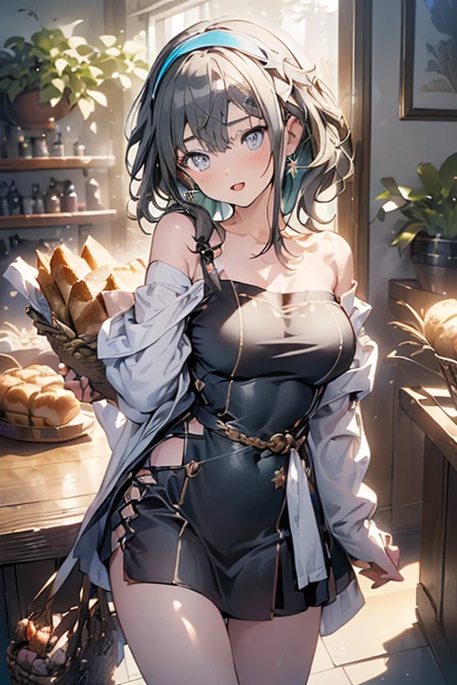 (perky chest:1.2), (pointed chest:1.2),(((Black Tunic:1.3))),(((cakes and bread in the basket),Cute and beautiful girl,Cute round face,Cute smile,with blush cheeks,Red Lip,solo, looking at viewer, open mouth, have a cute grass of cute beergrass,black hair, dark green eyes, dress, bare shoulders, jewelry, collarbone, sidelocks, hairband, earrings, indoors, off shoulder, sweater, arms behind back, plant, short hair with long locks, gild hairband, off-shoulder dress, sweater dress, off-shoulder sweater, black sweater, dark gord hair, big side hair, very long side hair,is rendered in (masterpiece: 1.2, best quality), with (ultra high resolution) and an exquisite (depth of field),(Bangs are see-through bangs),hair pin,hair adornments,detailed clothes features,Detailed hair features,detailed facial features,(Dynamic angles),(Dynamic and sexy poses),Cinematic Light,(masutepiece,top-quality,Ultra-high resolution) ,(The 8k quality,Anatomically accurate facial structure,),(Sea Art 2 Mode:1.3),(Image Mode Ultra HD) ,(Hold a coffee in your hand:1.3),delicate beautiful face, Bright blue eyes, cute eyes, sparkling eyes, Big eyes, (perky chest:1.1), (pointed chest:1.3), looking at viewer,
