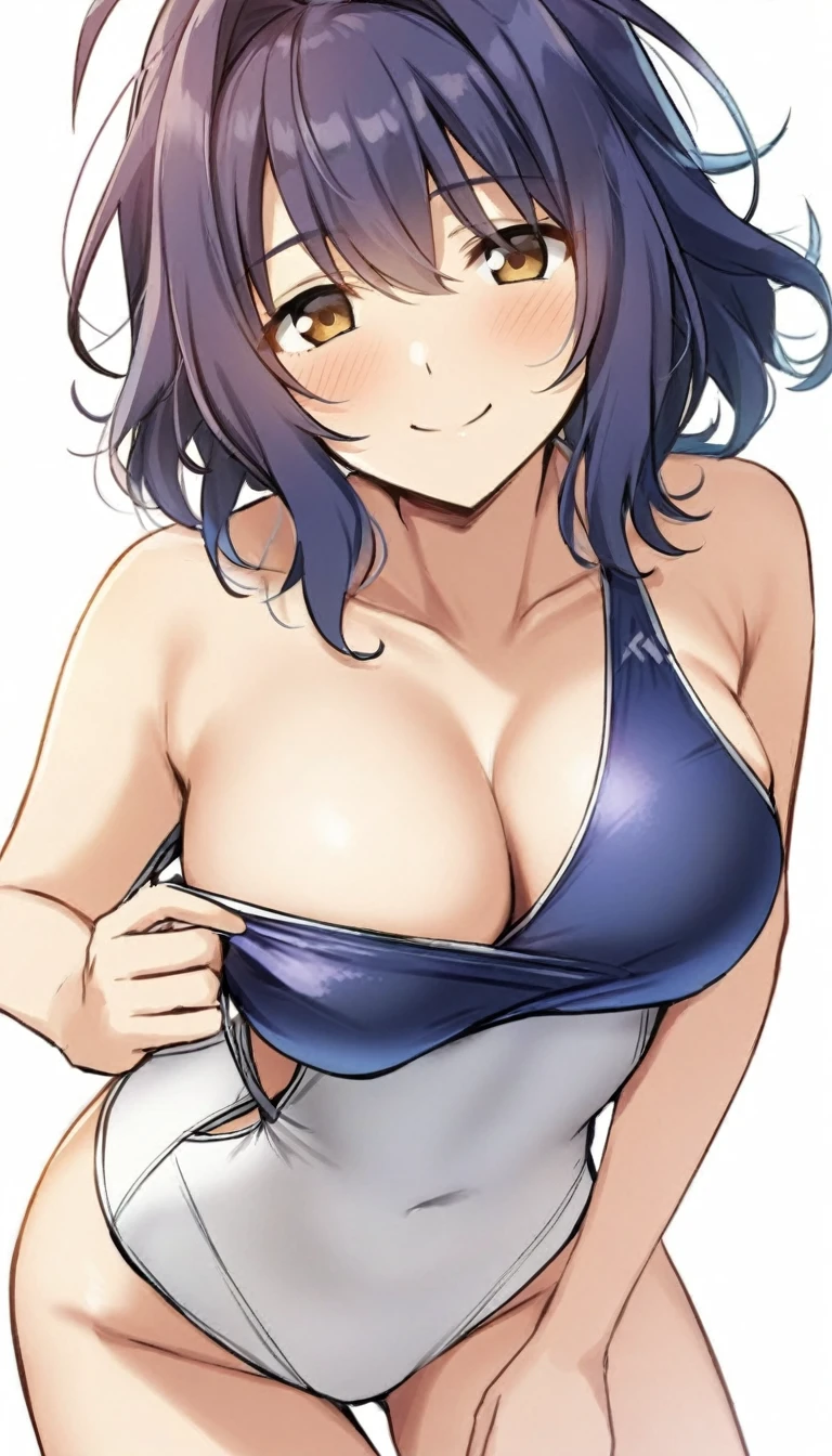 masterpiece, best quality, artist:yoo tenchi, 1girl, solo, toyokawa fuka, short hair, messy hair, wavy hair, dark blue hair, antenna hair, brown eyes, one-piece swimsuit, swimsuit pull, large breasts, highleg, smile, looking at viewer, no background, white background