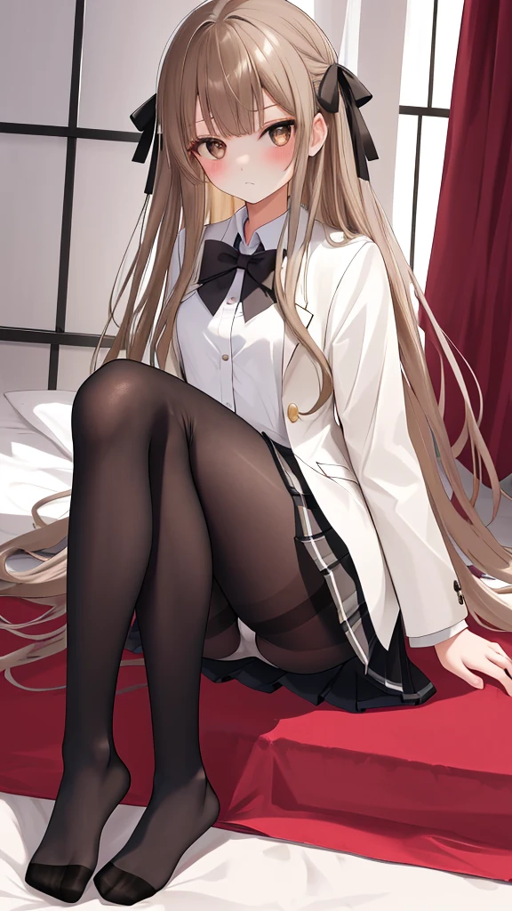 Highest quality, masterpiece, High resolution, (Head to Toe full body), front, frontやや下からの構図, Symmetric, Tall 18 year old girl, alone, (Head to Toe), (Small breasts), disheveled brown hair, bangs, (black tights), (Black Pantyhose), (Sit with your legs apart), (Crouching pose), (Composition showing white panties), (She has her legs spread and her white panties are visible.), (Sit on the floor with your legs spread), (M-shaped foot), Thin legs, とても美しくTall 18 year old girl, (No shoes), blush, Shy big eyes, Looking into the camera, Blazer uniform, Checkered Pleated Skirt、Minoru Kasugano