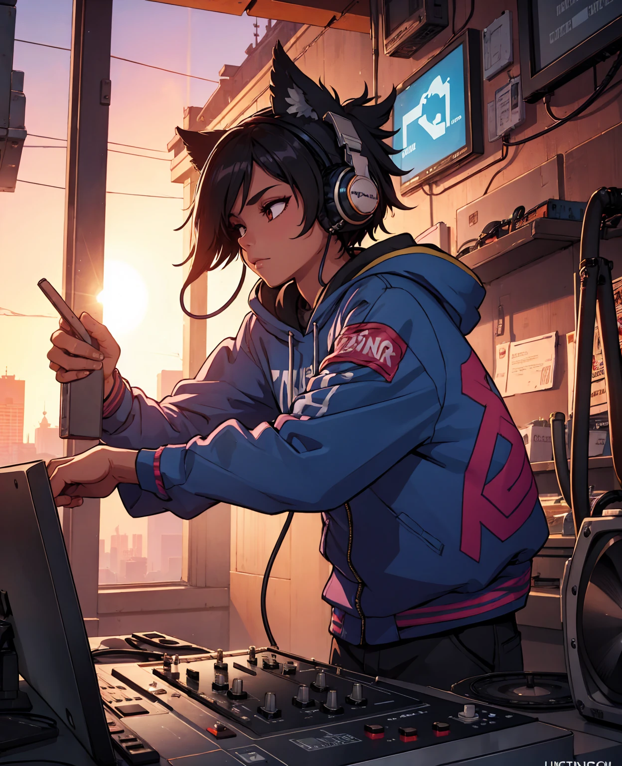 (nvinkpunk:1.2) (snthwve style:0.8) DJ eagle, headphone, anthro, lightwave, sunset, intricate, highly detailed  