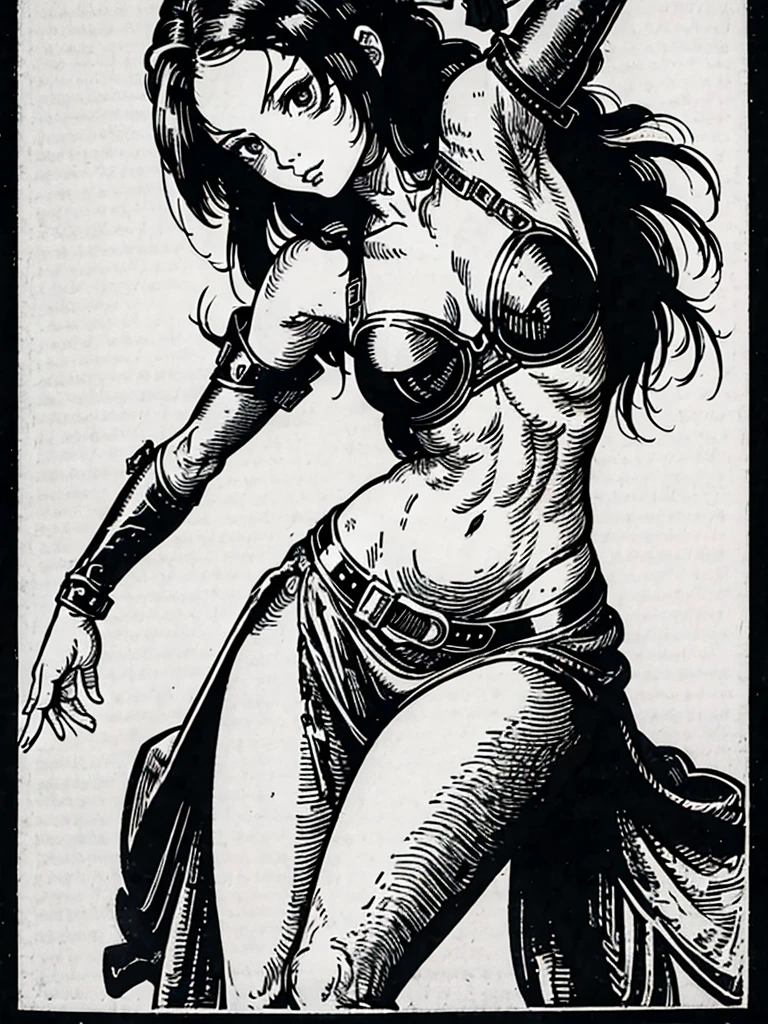 a drawing of a woman with a sword and a blue flag, inspired by Bill Ward, inspired by Rob Liefeld, inspirado em Clyde Caldwell, mortal combat kitana, psylocke, inspired by Bruce Timm, inspired by Masamune Shirow, ink and pencil, pencil and ink, not Luis Royo style, ink and ballpoint