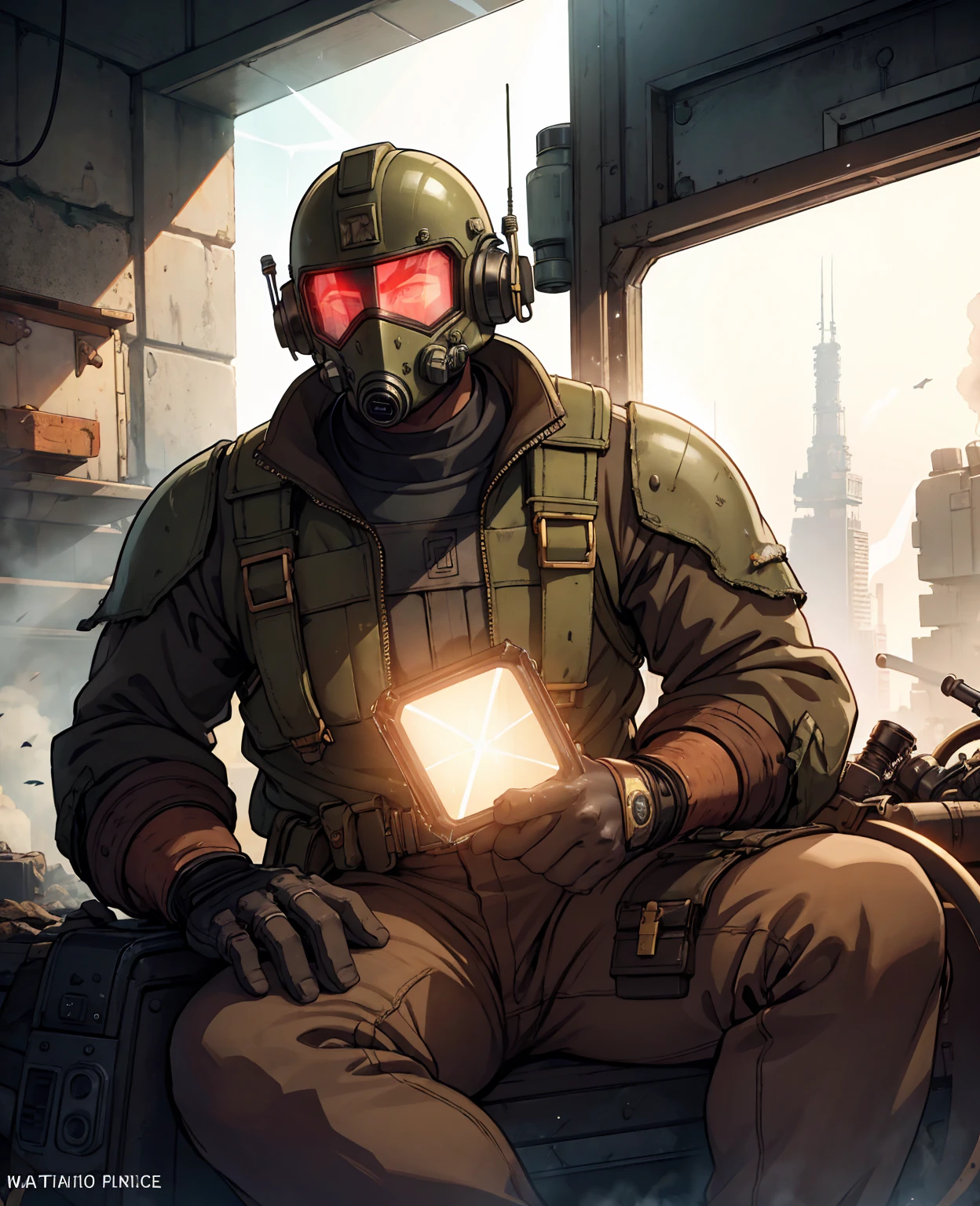 fallout new vegas, a man with sitting on the something, pipboy, tunnel, vault, (face mask:0.1), (breathing tube:0.5), headphone, german ww2 helmet with flashlight , burning fire, full body, polluted wasteland, foggy, volumatric lighting, neon light, CinemaHelper-1000, [bokeh], lens effects, (glare:1.5), bloom, anamophic lens