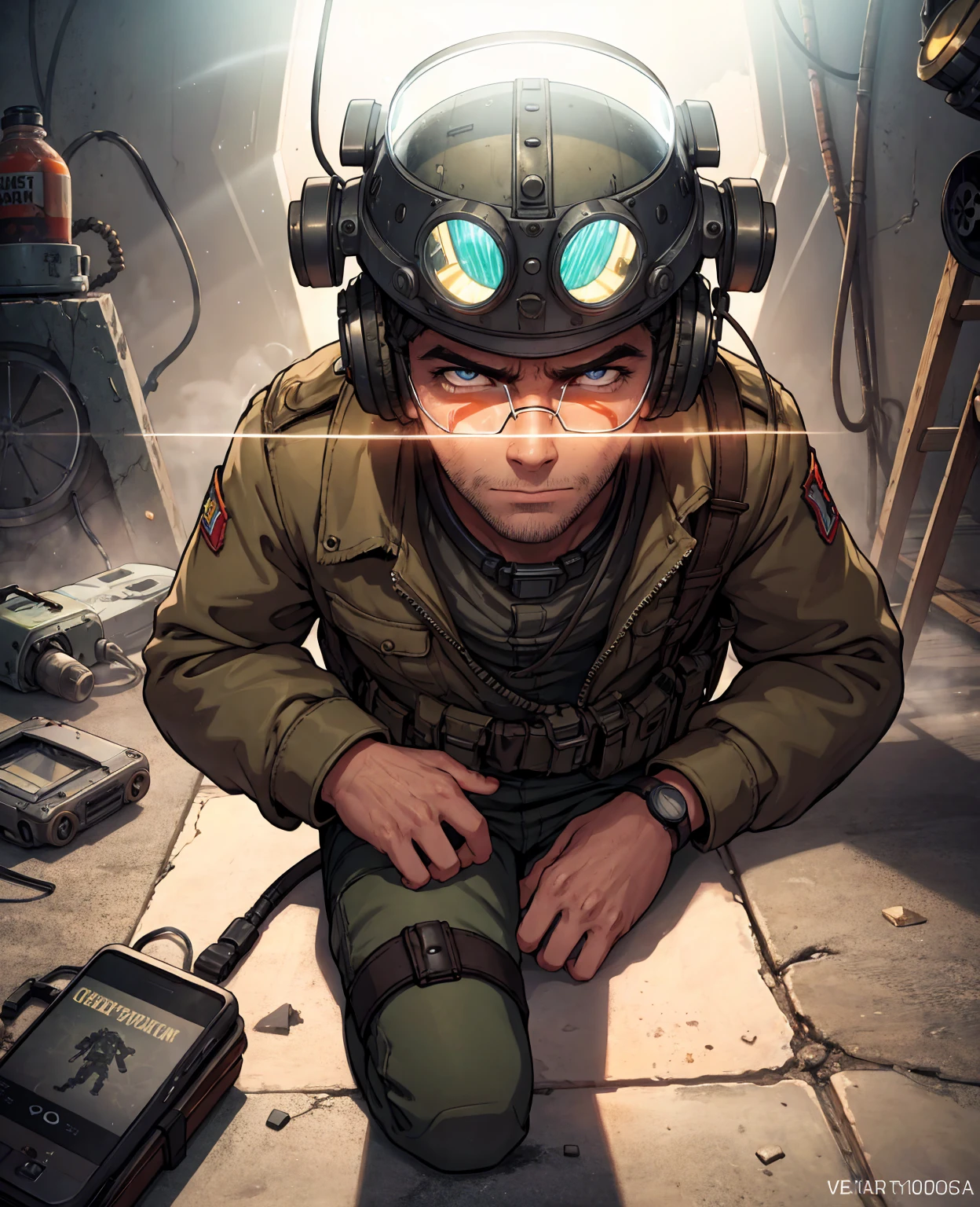 fallout new vegas, a man with sitting on the something, pipboy, tunnel, vault, (face mask:0.1), (breathing tube:0.5), headphone, german ww2 helmet with flashlight , burning fire, full body, polluted wasteland, foggy, volumatric lighting, neon light, CinemaHelper-1000, [bokeh], lens effects, (glare:1.5), bloom, anamophic lens