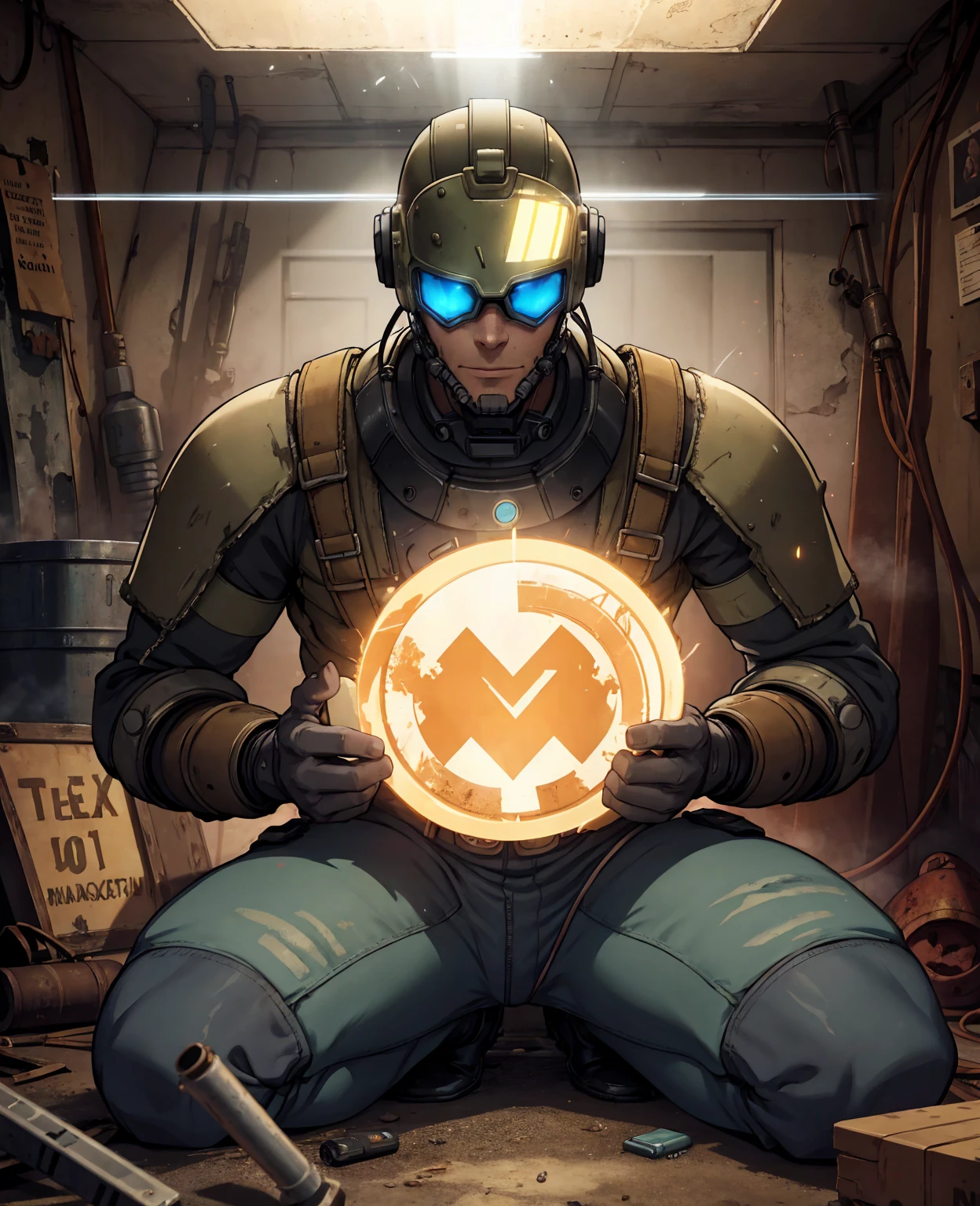 fallout new vegas, a man with sitting on the something, pipboy, tunnel, vault, (face mask:0.1), (breathing tube:0.5), headphone, german ww2 helmet with flashlight , burning fire, full body, polluted wasteland, foggy, volumatric lighting, neon light, CinemaHelper-1000, [bokeh], lens effects, (glare:1.5), bloom, anamophic lens