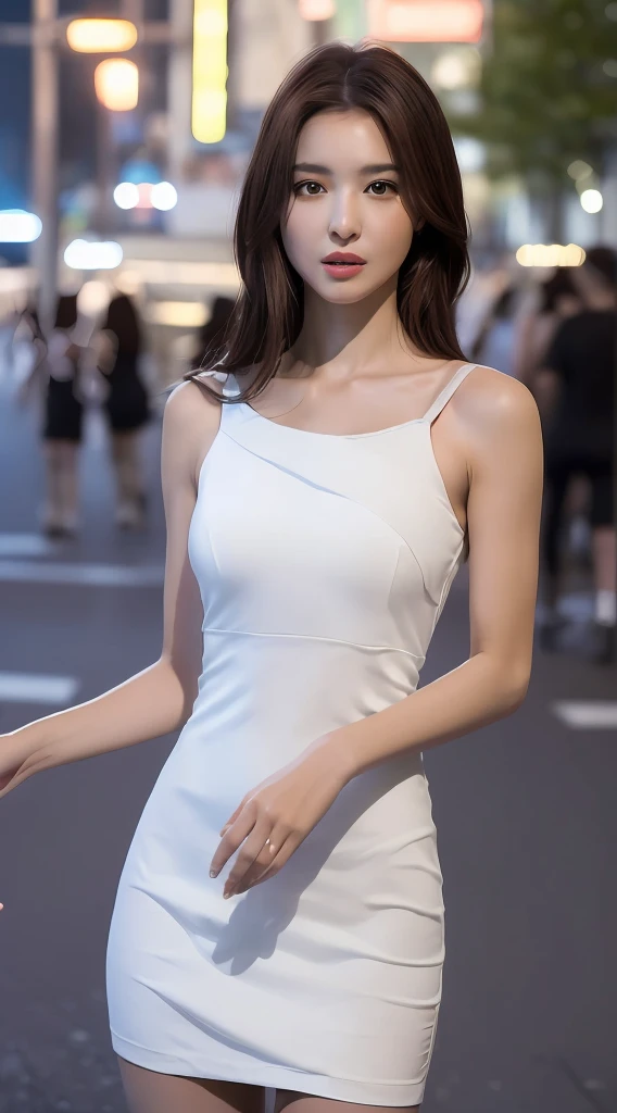 ((Realistic lighting, Best quality, 8K, Masterpiece: 1.3)), Clear focus: 1.2, 1girl, Perfect big boobs: 1.4, Slim abs: 1.1, ((dark brown hair)), (White dress: 1.4), (Outdoor, night: 1.1), City Street, Super Fine Face, Fine Eyes, Double Eyelids, (Over the knee black stockings: 1.5)